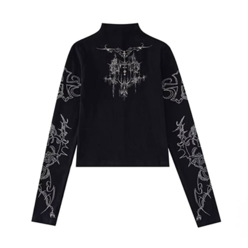 Long sleeve high neck cross print contrast top  | Festival Outfits Women