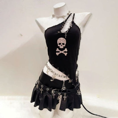 One shoulder beaded skull PU leather belt top  | Festival Outfits Women