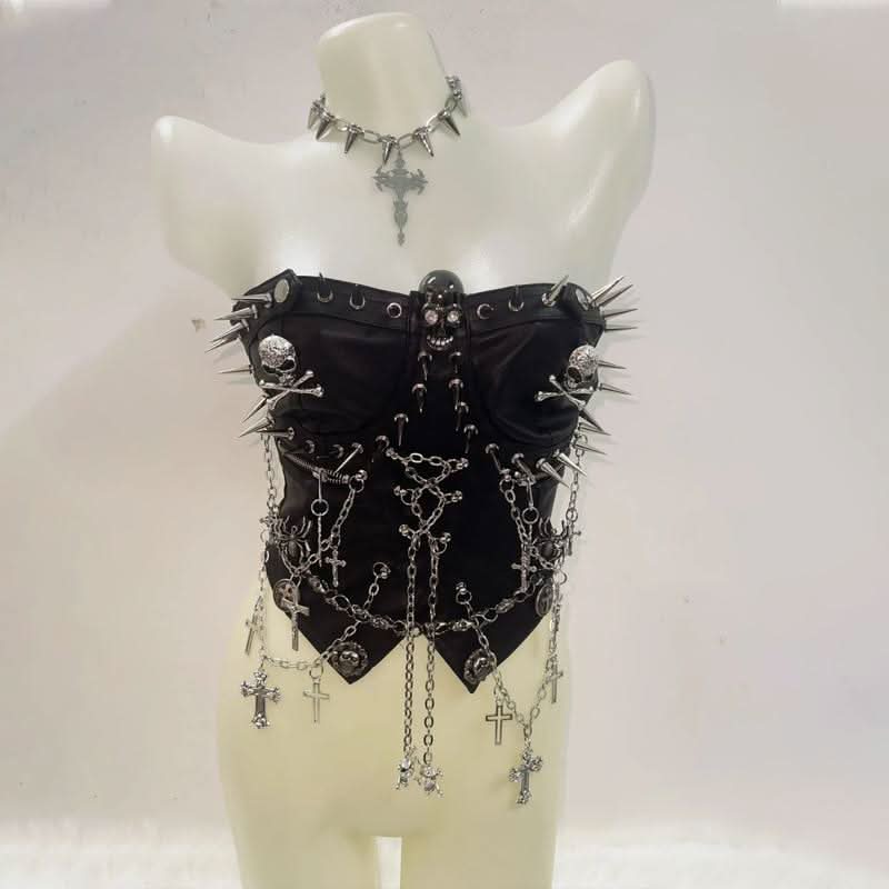 Zip-up rivet metal chain skull zip-up tube top  | Festival Outfits Women