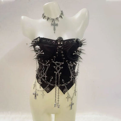 Zip-up rivet metal chain skull zip-up tube top  | Festival Outfits Women