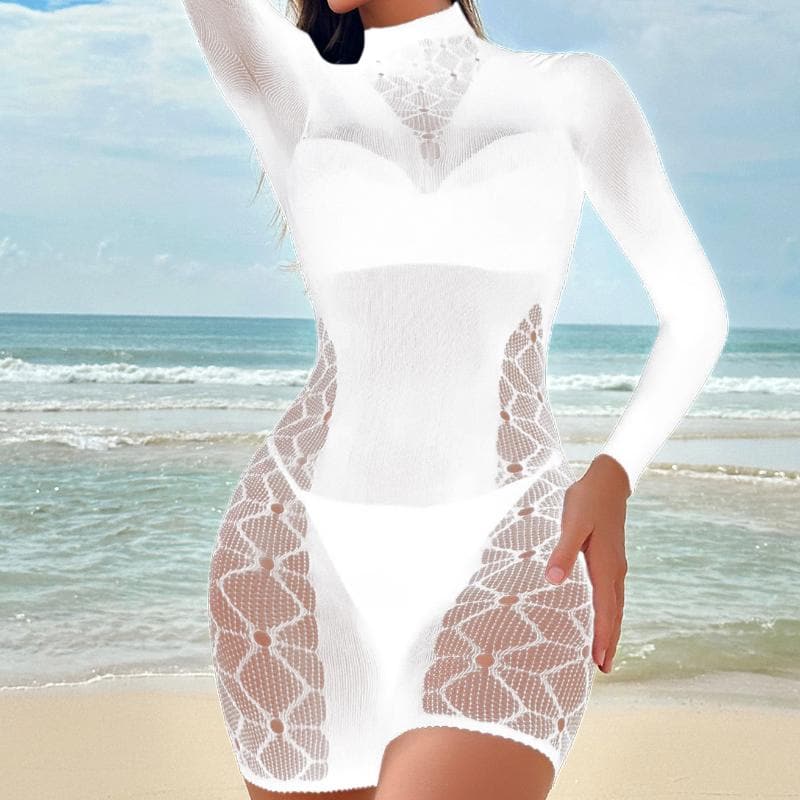 Long sleeve backless high neck net patchwork bodystocking  | Festival Outfits Women