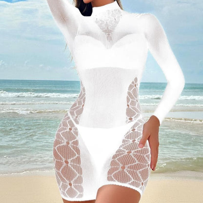 Long sleeve backless high neck net patchwork bodystocking  | Festival Outfits Women