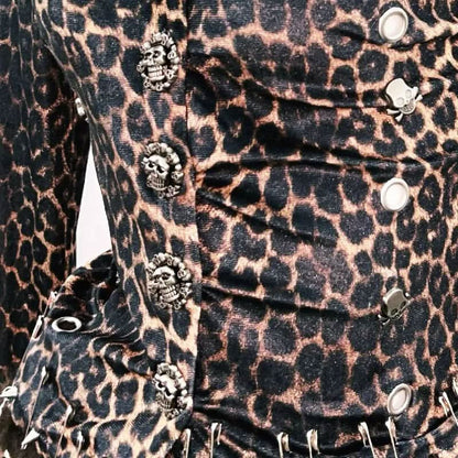Leopard print long sleeve fluffy skull applique mini skirt set  | Festival Outfits Women  | Leopard Print Mini Dress