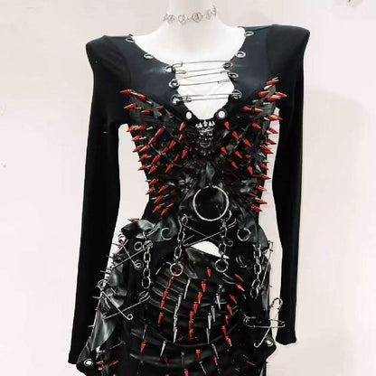 Long sleeve rivet metal chain PU leather top  | Festival Outfits Women