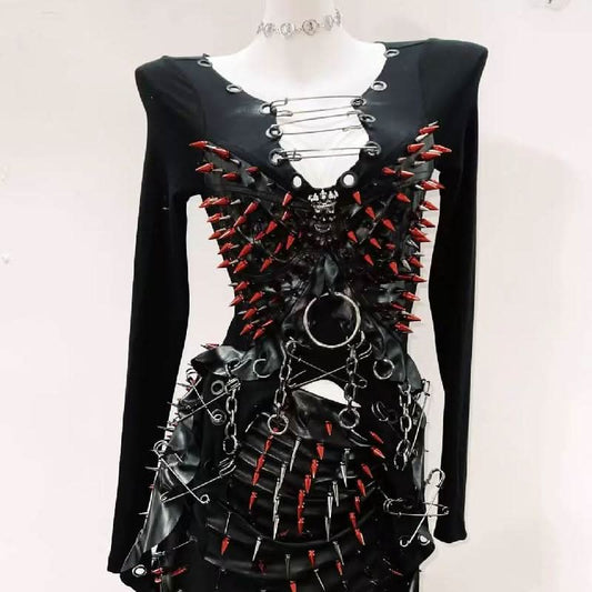 Long sleeve rivet metal chain PU leather top  | Festival Outfits Women