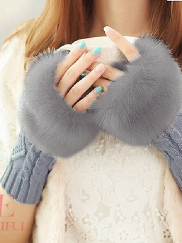 Cute Faux Fur Fingerless Gloves for Women