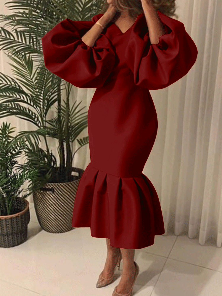 Lantern Sleeve Midi Fishtail Dress