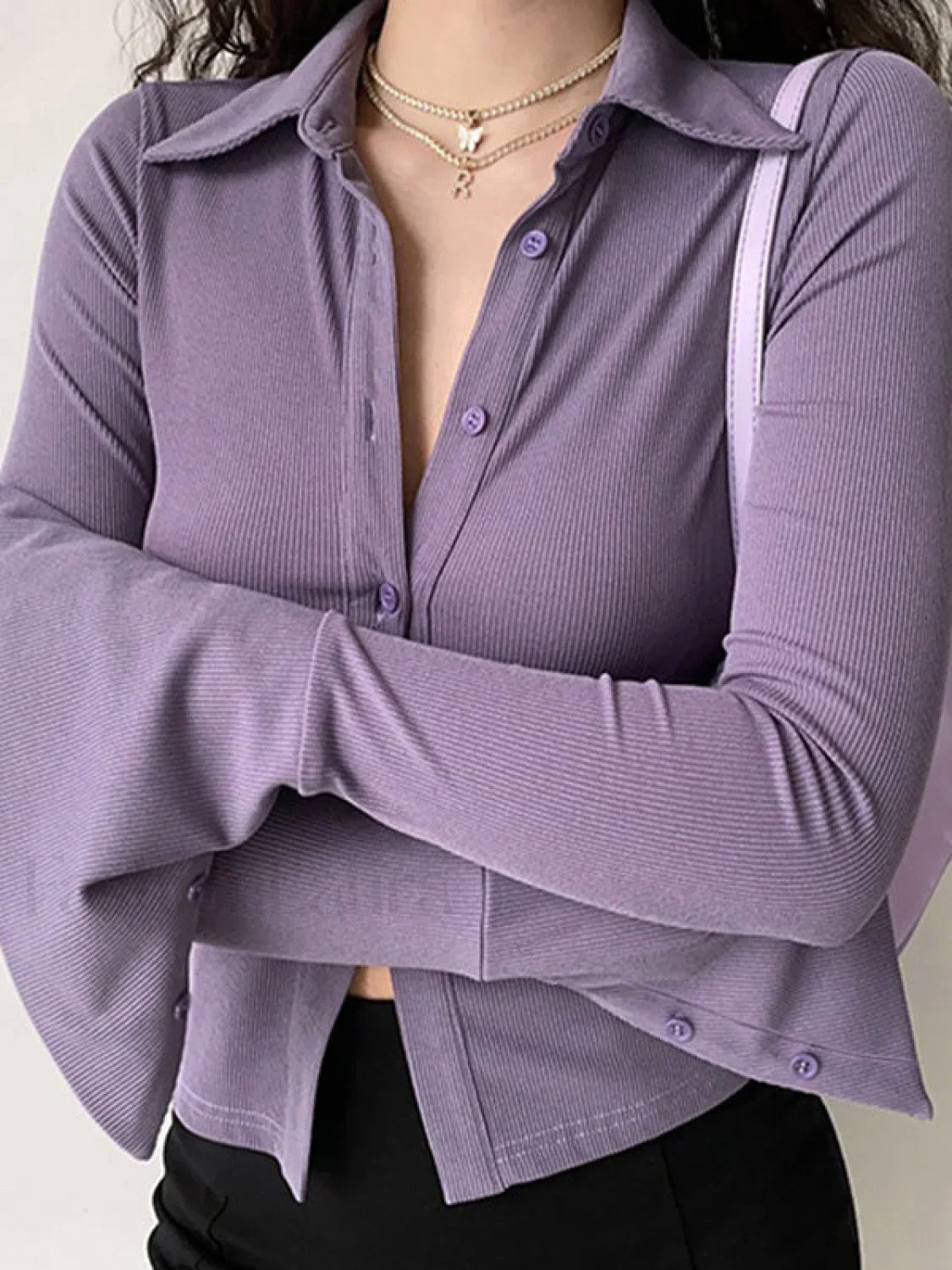Polo Neck Long Sleeve Rib Blouse