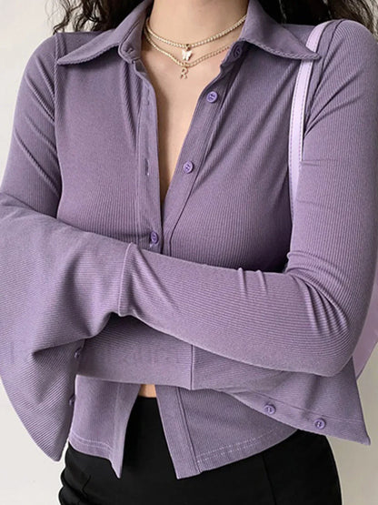 Polo Neck Long Sleeve Rib Blouse