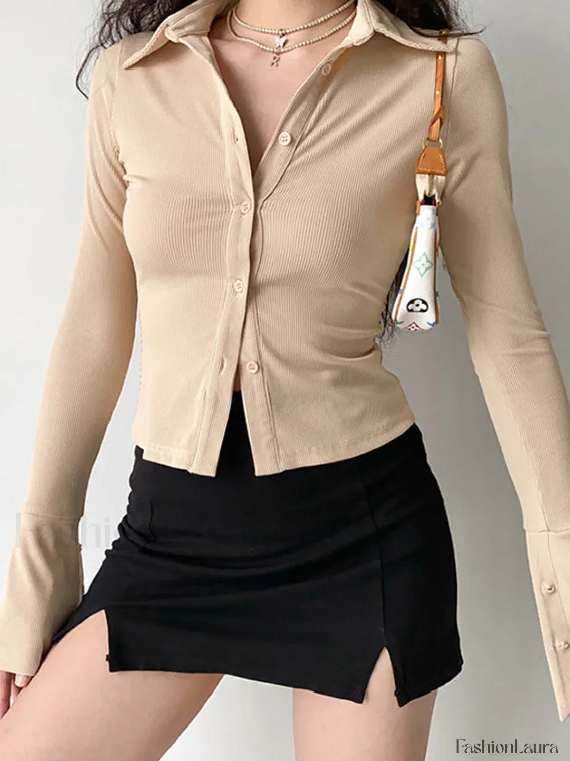 Polo Neck Long Sleeve Rib Blouse