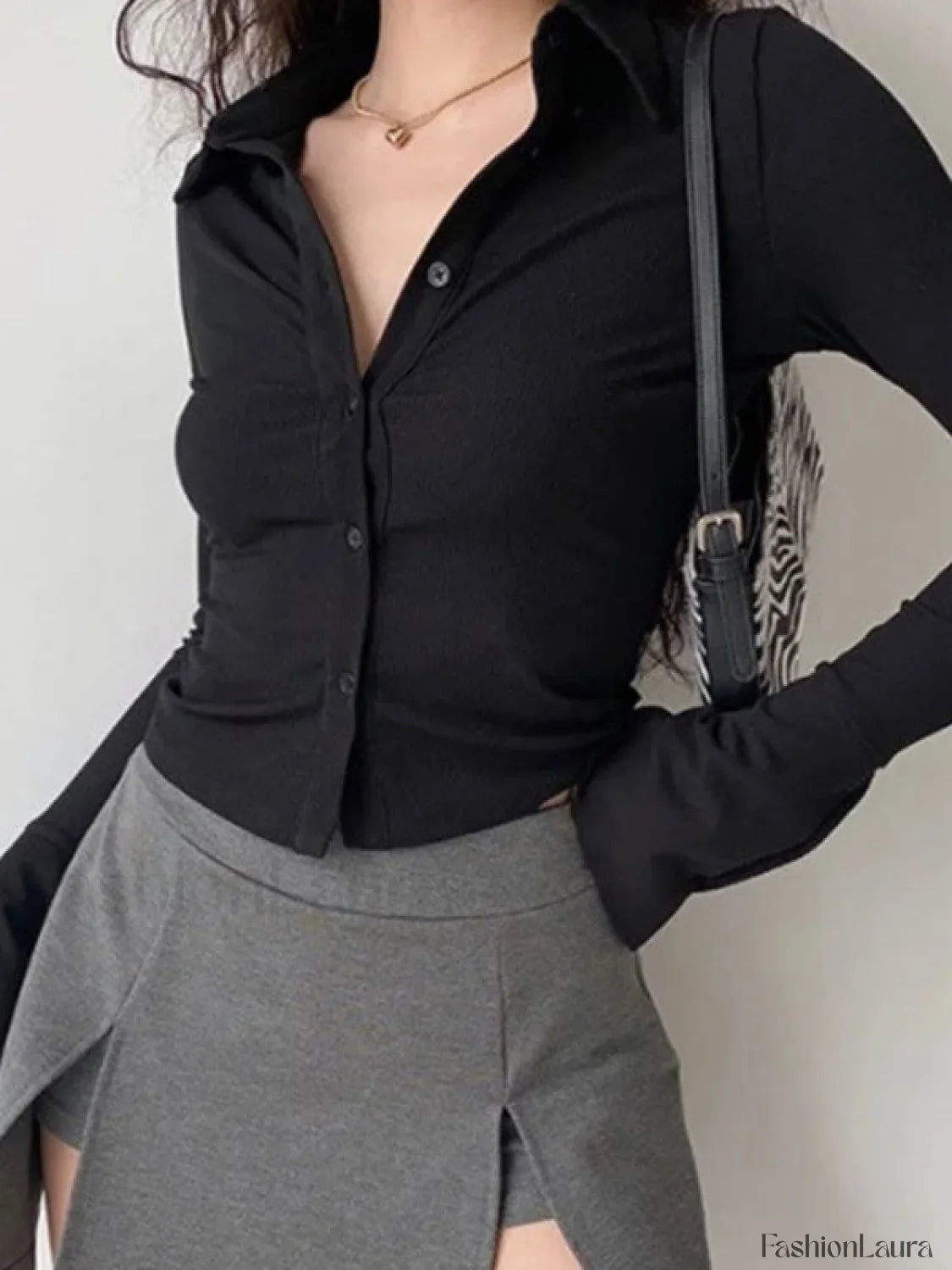 Polo Neck Long Sleeve Rib Blouse