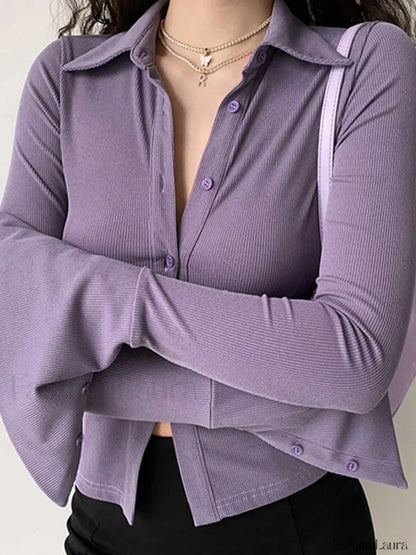 Polo Neck Long Sleeve Rib Blouse