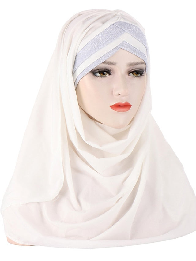 Forehead Cross Hair Wrap Scarf Solid Color Glitter Sequins Jersey Hijabs Muslim Headband Women Turban Hair Cap Headscarf for Women