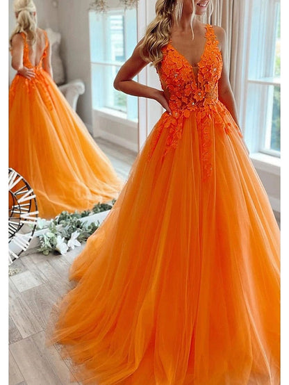 A-Line Prom Dresses Open Back Dress Formal Floor Length Sleeveless V Neck Tulle Backless with Pleats Beading Appliques 2023