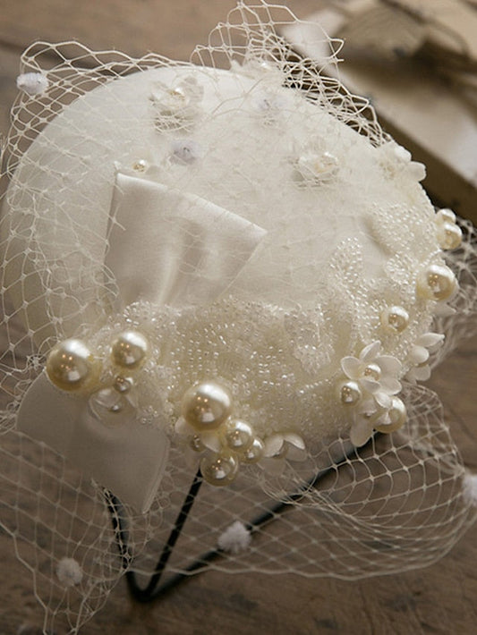 Hat Bucket Hat White Party Outdoor Dailywear Mesh Beaded Ribbon bow Portable Windproof Comfort for Women