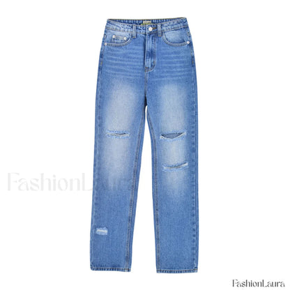 Preppy Style Cut Out High Waist Frayed Straight Leg Jeans - Blue