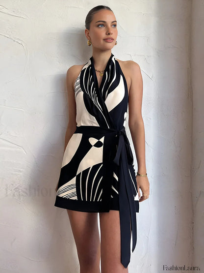 Print Halter Belted Short Dress