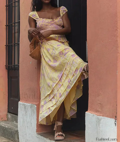 Printed Chiffon Short-Sleeve Boho Dress