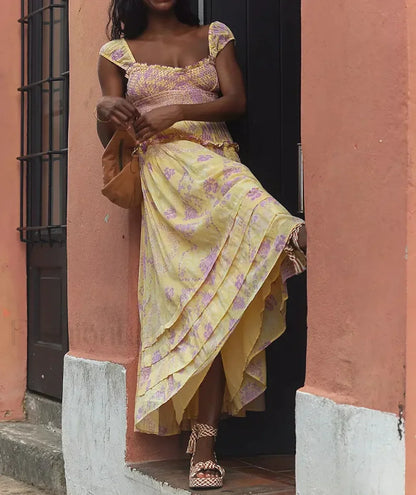 Printed Chiffon Short-Sleeve Boho Dress