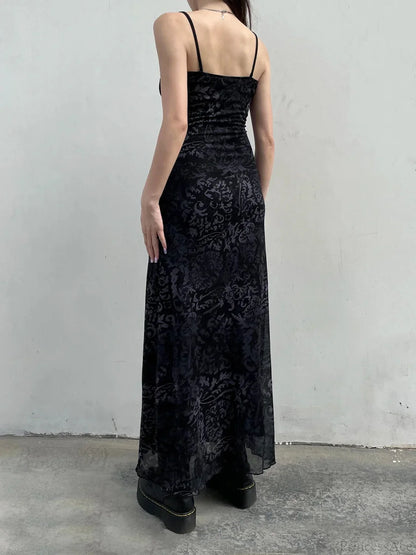 Printed Decorative Trim Mesh Full-Length Dress
