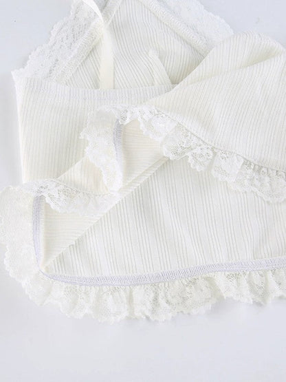 White V Neck Lace Splicing Cami Crop Top with Bow Tie