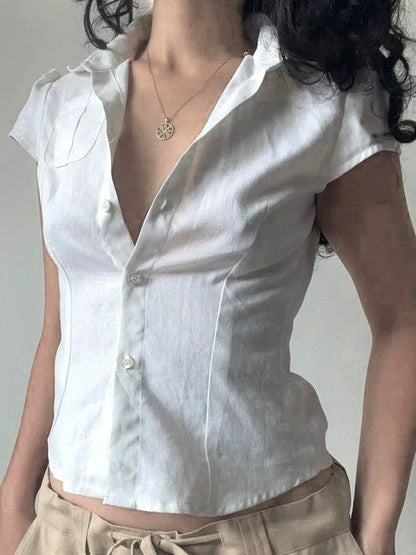 White Vintage Button Front Pocket Blouse