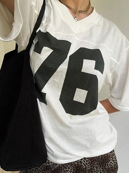 Contrast Color Retro Sport Oversized Short Sleeve Top with V Neck