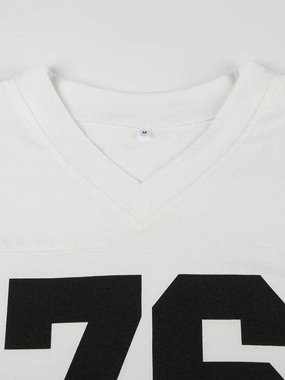 Contrast Color Retro Sport Oversized Short Sleeve Top with V Neck