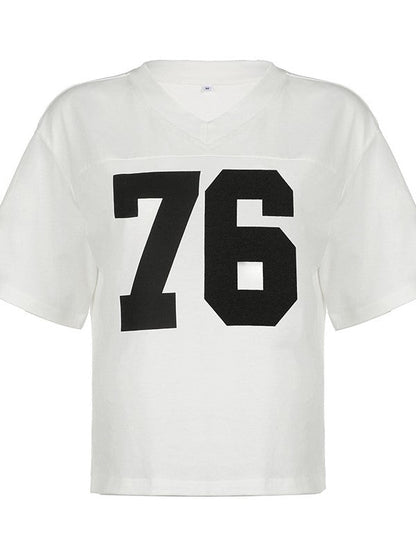 Contrast Color Retro Sport Oversized Short Sleeve Top with V Neck