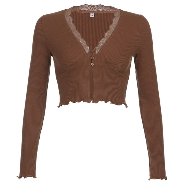 Sweater Knitwear Y2K Long Sleeve V Neck Knitted Cardigans Harajuku Korean Brown Crop Tops Solid Outwear