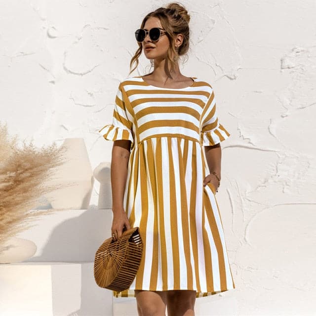 DressBetty - Cute Loose Striped Print Ruffles Sleeves Dresses