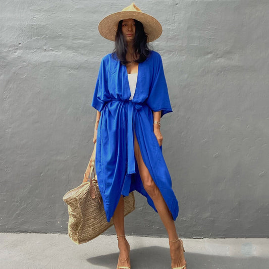 Traje de baño informal con cordones y protector solar de color sólido para mujer
