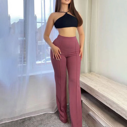 Pantalones acampanados de pierna ancha de color liso informales a la moda para mujer