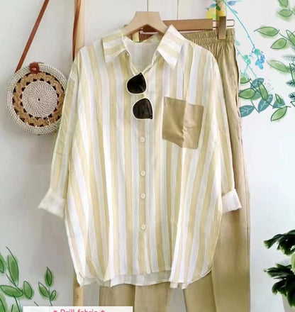 Conjunto de dos piezas de top y pantalón de manga larga informal a rayas para mujer
