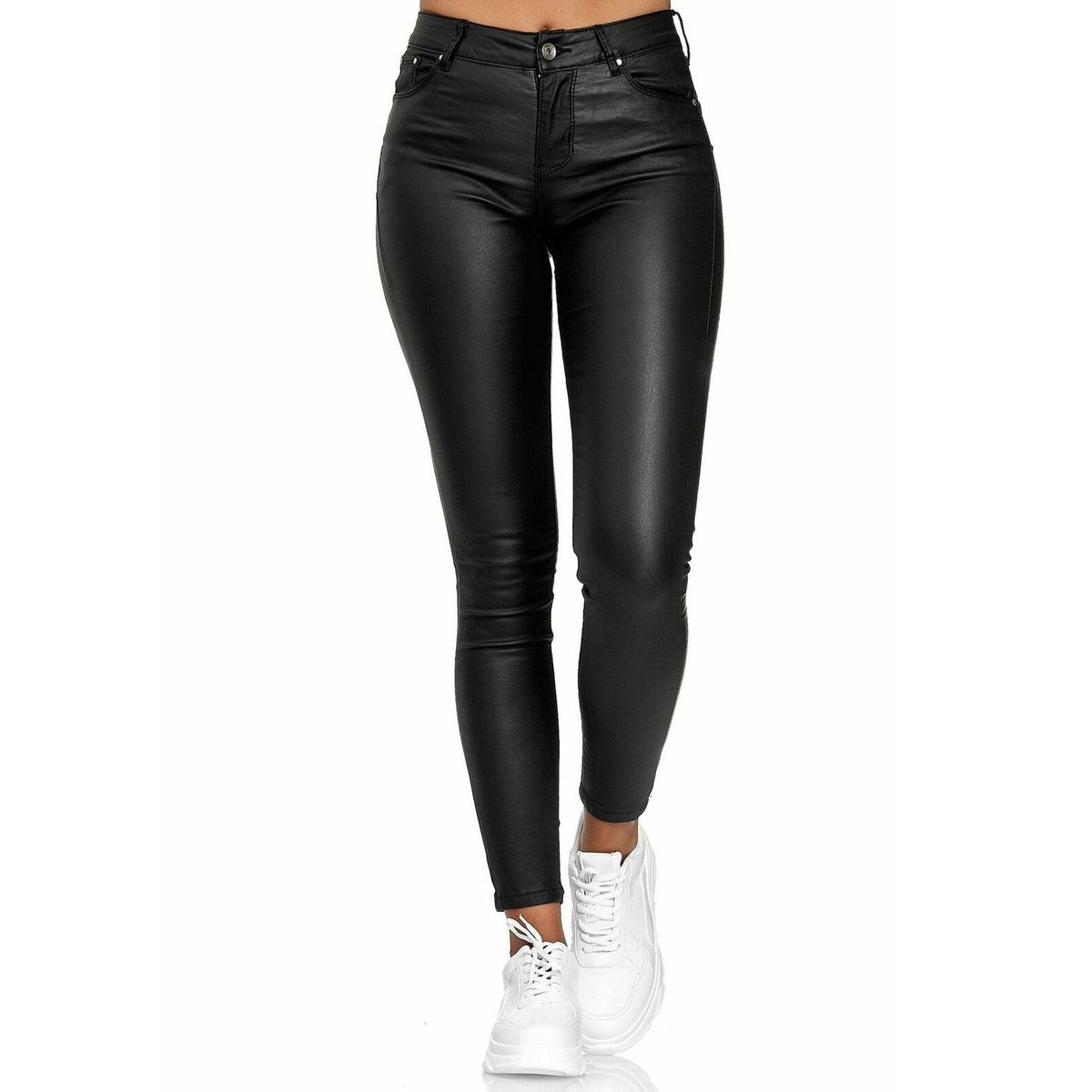 Pantalones casuales ajustados de cuero sintético de color sólido para mujer