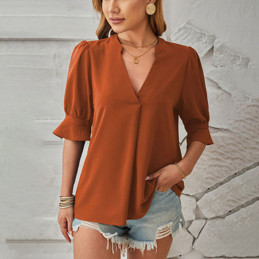 Blusa informal de manga corta con cuello en V y color liso para mujer