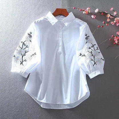 Blusa holgada informal con mangas farol y solapa bordada con flores para mujer