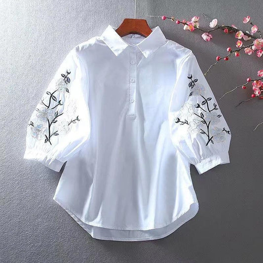Blusa holgada informal con mangas farol y solapa bordada con flores para mujer