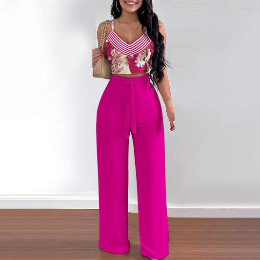 Conjunto de dos piezas para mujer, con top corto, pantalones holgados con cordones y estampado floral informal