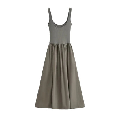Women Fashion Casual Solid Color Pleated U-Neck Sleeveless Dress