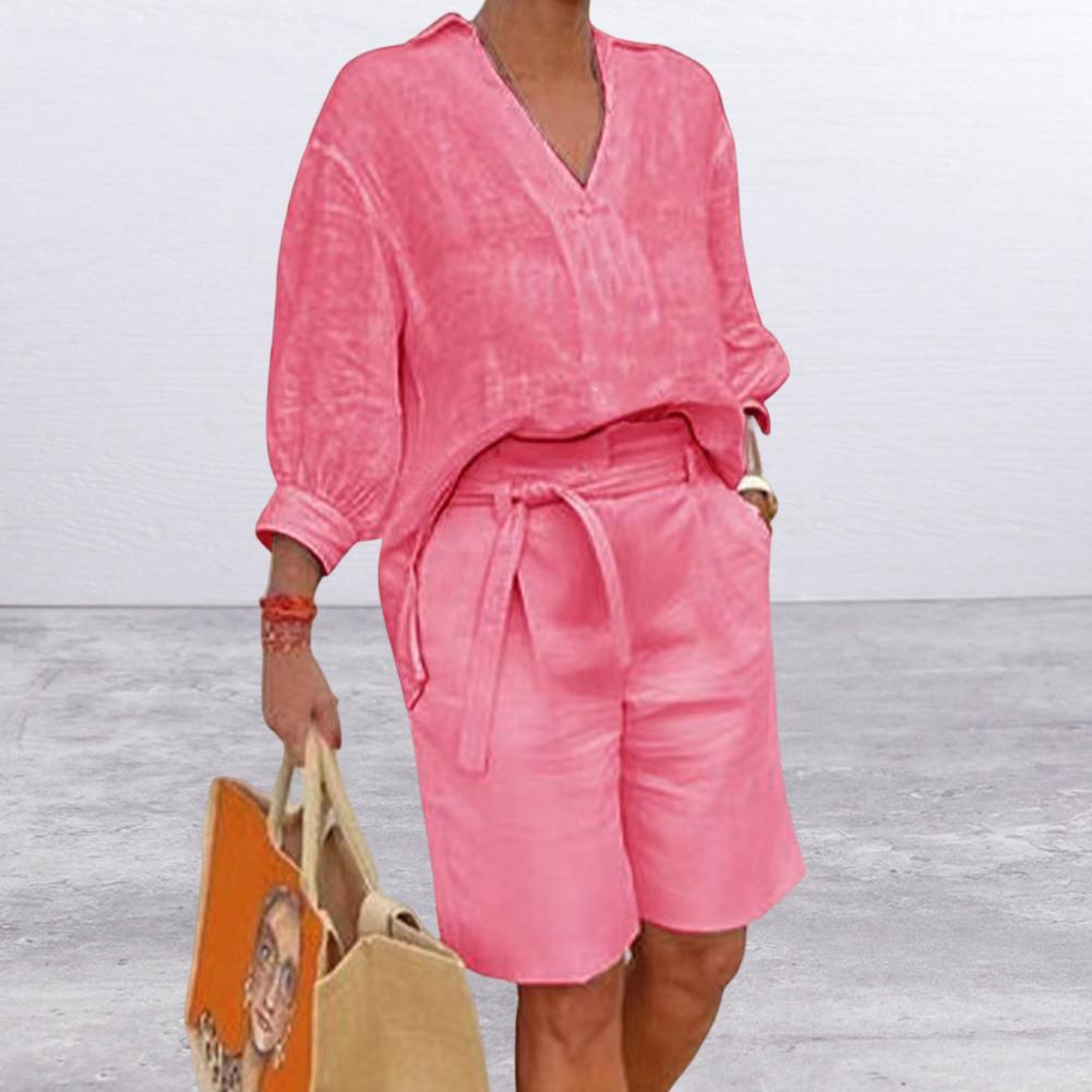 Conjunto de dos piezas para mujer, informal, de lino y algodón, holgado, con cuello en V, manga larga y pantalones cortos con cordones.