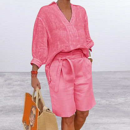 Conjunto de dos piezas para mujer, informal, de lino y algodón, holgado, con cuello en V, manga larga y pantalones cortos con cordones.