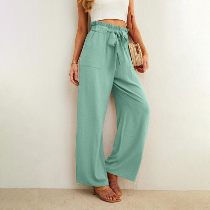 Women Fashion Casual Solid Color Pocket Lace-Up Wide Leg High Waist Pants