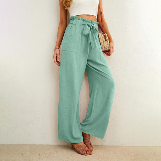 Pantalones casuales de cintura alta con bolsillos y cordones de color sólido para mujer