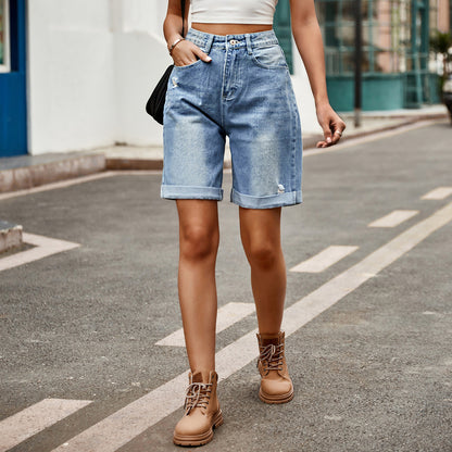 Women Casual Ripped Cropped Denim Shorts