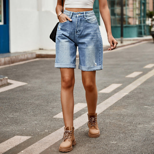 Pantalones cortos vaqueros rasgados y casuales para mujer