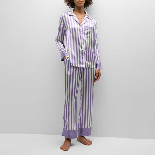 Conjunto de pijama de dos piezas para mujer, informal, a rayas, con solapa, manga larga, pantalones holgados