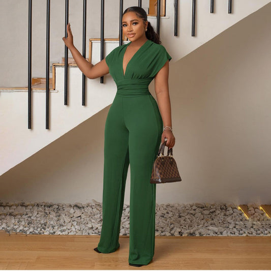 Women Fashion Casual Solid Color V-Neck Sleeveless Silm-Fit Jumpsuit