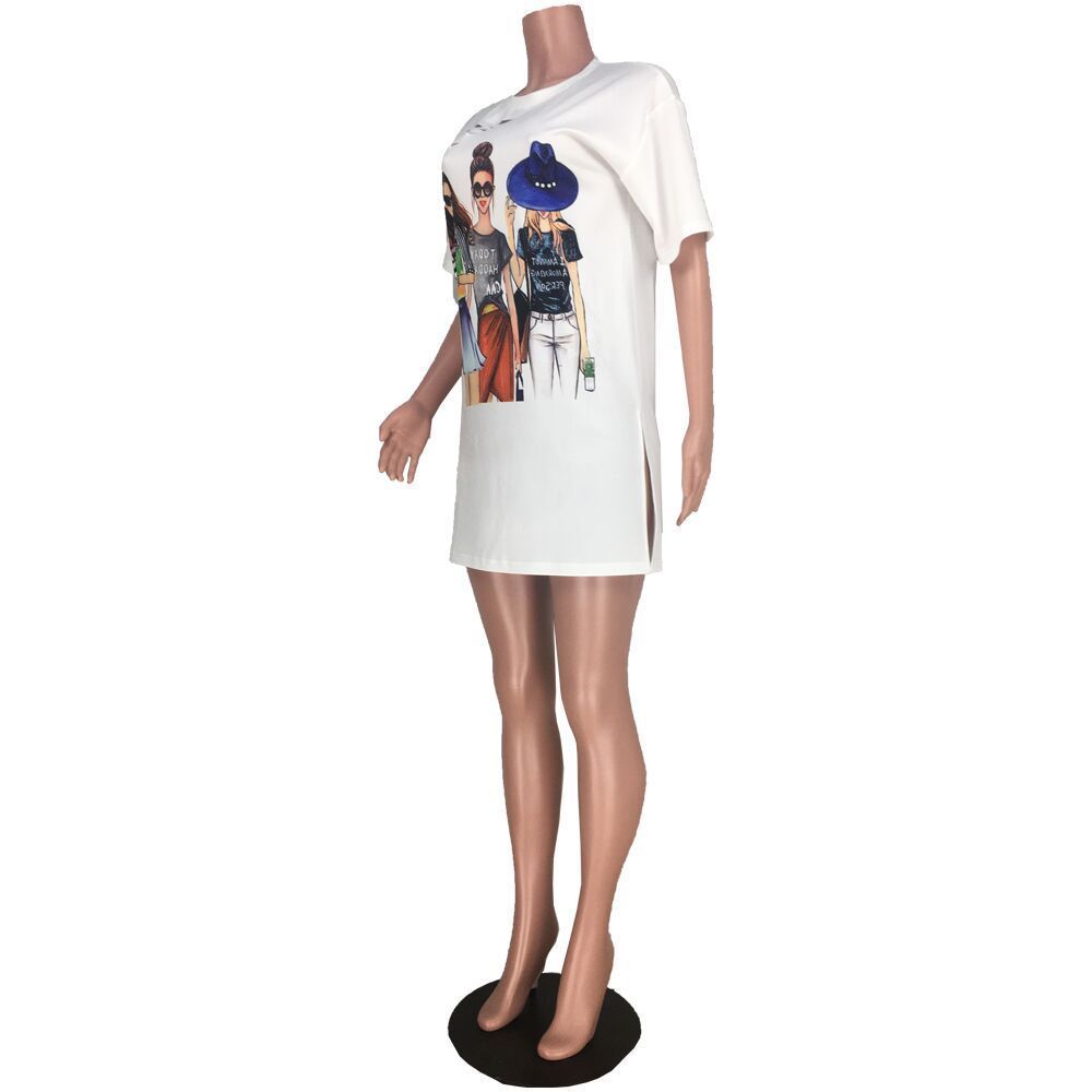 Fashion Women Edgy Casual Short Sleeves Graphic Print Side-slit Dress
