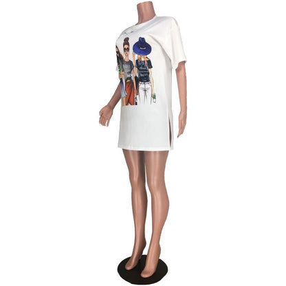 Fashion Women Edgy Casual Short Sleeves Graphic Print Side-slit Dress